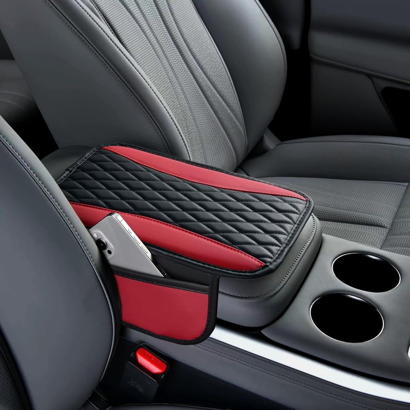Tioollev Patchwork Leather Car Center Console Cover,Microfiber Leather Vehicle Armrest Protector Cushion with 2 Storage Bags,Universal Cars Armrest Cushion for SUV, Sedan, Truck (Red) - Image 5